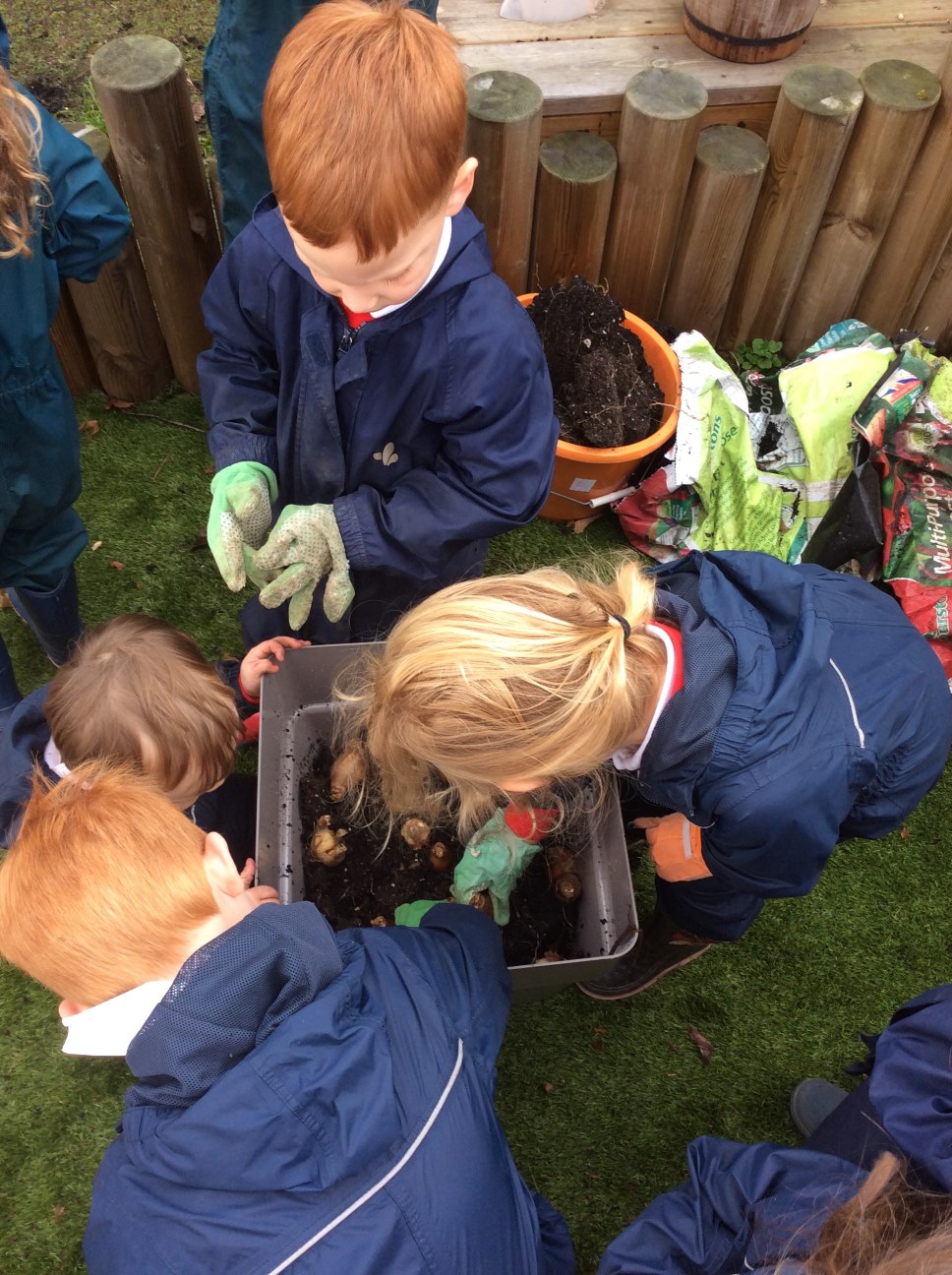 children planting mushrooms